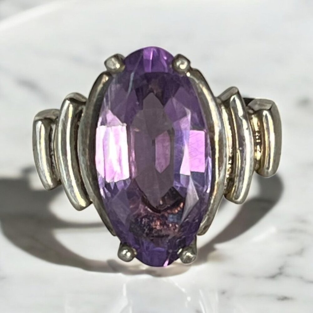 Vintage Large 1.17" Oval Faceted Amethyst in Sterling Silver Ring Size 8.5